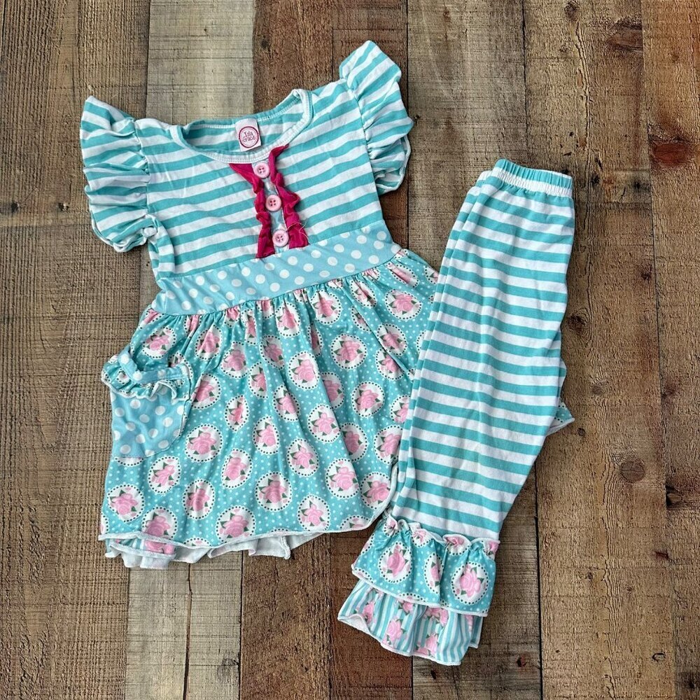 Isla Grace Toddler Girls' 2-3T Striped & Polka Dot Pajama Set With Ruffles - Picture 1 of 10